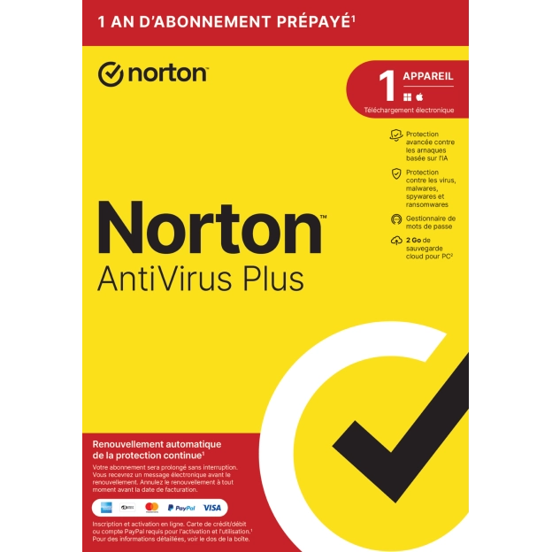Norton Antivirus Plus | 1 appareil | 1 an | 2 Go de sauvegarde dans le nuage