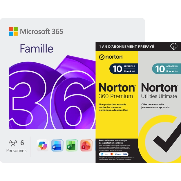 Microsoft 365 Famille + Norton 360 Premium avec Norton Utilities | 1 an