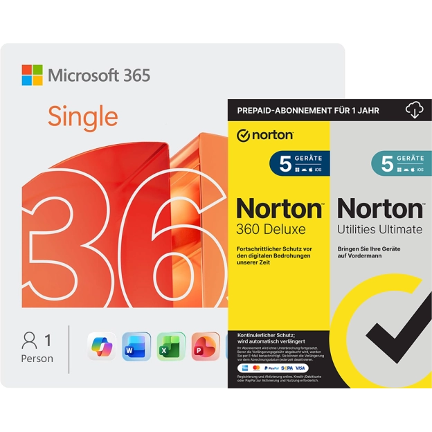 Microsoft 365 Single + Norton 360 Deluxe mit Norton Utilities | 5 Geräte | 1 Jahr