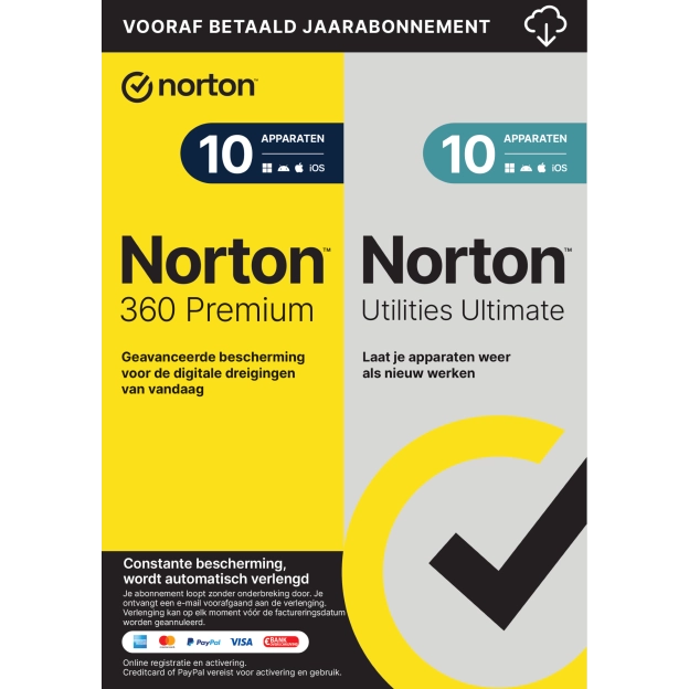 Norton 360 Premium met Norton Utilities Ultimate | 2026 | 10 Apparaten | 1 Jaar